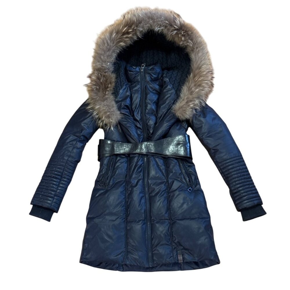 Rudsak Womens TP/XS Navy Down Long Coat With Fur Trim Hood Leather Accents